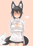  1girl animal_ears black_hair blush breast_hold breasts cleavage cleavage_cutout cowboy_shot embarrassed fox_ears fox_tail frown large_breasts looking_to_the_side nanashi_(shirogane_usagi) open-chest_sweater original ribbed_sweater shirogane_usagi short_hair short_shorts shorts simple_background sleeves_past_wrists solo spoken_blush sweater tail turtleneck yellow_eyes 