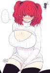  ... 1girl bianco_(mapolo) black_legwear blush breasts cleavage cleavage_cutout embarrassed hair_bobbles hair_ornament large_breasts onozuka_komachi open-chest_sweater red_eyes redhead ribbed_sweater shiki_eiki short_hair short_twintails sitting solo sweater sweater_dress thigh-highs touhou turtleneck twintails wariza 