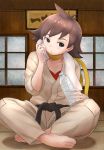  1girl barefoot belt bottle bra brown_eyes brown_hair choker dougi highres indian_style makoto_(street_fighter) okitsugu red_bra ribbon_choker short_hair sitting solo street_fighter tatami toes towel towel_around_neck underwear water_bottle 