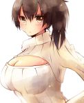  1girl blush breasts brown_eyes brown_hair bust cleavage cleavage_cutout heart heart-shaped_pupils kaga_(kantai_collection) kantai_collection large_breasts looking_at_viewer nano_(cherry_line) open-chest_sweater ribbed_sweater short_hair side_ponytail simple_background solo sweater symbol-shaped_pupils white_background 