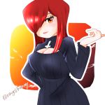  1girl adapted_costume breasts cleavage cleavage_cutout cross hair_over_one_eye hand_on_hip inverted_cross long_hair open-chest_sweater parasoul_(skullgirls) redhead ribbed_sweater ringo_tou_hachimitsu skullgirls solo sweater twitter_username yellow_eyes 