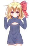  1girl ahoge bow cleavage_cutout esureki flat_chest hair_bow hair_ribbon looking_at_viewer open-chest_sweater orange_eyes parted_lips ribbed_sweater ribbon rumia short_hair simple_background solo sweater touhou turtleneck white_background 