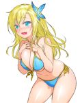  1girl bikini blonde_hair blue_bikini blue_eyes blush boku_wa_tomodachi_ga_sukunai breasts butterfly_hair_ornament cleavage fang front-tie_top full-face_blush hair_ornament kashiwazaki_sena long_hair navel onsoku_maru open_mouth shiny shiny_skin side-tie_bikini simple_background solo swimsuit white_background 