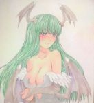  1girl bare_shoulders bat_print blush breast_hold breasts bridal_gauntlets bust cleavage collarbone darkstalker demon_girl demon_wings green_eyes green_hair grey_background head_wings highres large_breasts leotard long_hair looking_to_the_side morrigan_aensland parted_lips smile solo traditional_media watercolor_(medium) wings yuyu_(00365676) 