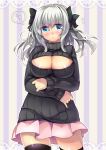  1girl blue_eyes bow breasts cleavage cleavage_cutout hair_bow open-chest_sweater original ribbed_sweater ruri_rarako short_hair silver_hair skirt solo sweater thigh-highs turtleneck twintails zettai_ryouiki 
