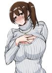  1girl blush breasts brown_hair cleavage cleavage_cutout jewelry kaga_(kantai_collection) kantai_collection large_breasts looking_at_viewer necklace open-chest_sweater otzer ribbed_sweater ring short_hair side_ponytail solo sweater turtleneck 