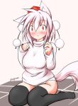  1girl :&lt; animal_ears black_legwear blush breasts hat inubashiri_momiji large_breasts looking_at_viewer panties pom_pom_(clothes) pullover red_eyes short_hair signature silver_hair sitting solo tail taurine_8000mg tokin_hat touhou underwear wolf_ears wolf_tail 