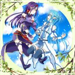  2girls asuna_(sao) asuna_(sao-alo) blue_eyes blue_hair detached_sleeves eye_contact fingerless_gloves gloves hairband long_hair looking_at_another multiple_girls pointy_ears purple_hair red_eyes sword_art_online thigh-highs yuna_(yukiyuna) yuuki_(sao) 