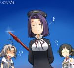  !? 3girls ? ^_^ arms_behind_back black_hair closed_eyes detached_sleeves fate/stay_night fate_(series) gae_bolg glasses hairband hamu_koutarou kantai_collection kinugasa_(kantai_collection) kirishima_(kantai_collection) long_hair mechanical_halo multiple_girls musical_note nontraditional_miko opaque_glasses open_mouth polearm purple_hair school_uniform serafuku short_hair silver_hair sketch smile spear tatsuta_(kantai_collection) weapon 