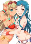  2girls aqua_eyes bandeau bare_shoulders bikini blonde_hair blue_hair blush breast_press breasts brown_eyes clearite cleavage earrings highres hug jewelry long_hair multiple_girls one_eye_closed open_mouth original short_shorts shorts side-tie_bikini smile sunglasses sunglasses_on_head swimsuit symmetrical_docking tan wristband 