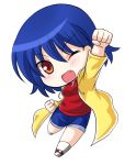  &gt;;d 1girl air_punch blue_hair brown_eyes chibi looking_at_viewer original short_hair shorts simple_background solo the-sinner white_background 