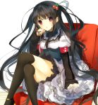  1girl :o black_hair black_legwear blush cherry couch crossed_legs food fruit hair_ornament io_enishi lace-trimmed_skirt long_hair looking_at_viewer original red_eyes simple_background sitting skirt solo thigh-highs very_long_hair white_background 