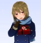  1girl bangs blush breath brown_hair buttons coat flower gift gloves gradient gradient_background highres idolmaster idolmaster_million_live! long_sleeves mmyk81 nagayoshi_subaru open_mouth red_eyes ribbon rose scarf short_hair snowing solo standing sweatdrop valentine winter_clothes winter_coat 
