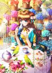  1girl aile_(crossroads) bird blue_eyes brown_hair cockatoo cup double_bun dress flower flower_pot hair_bun hair_flower hair_ornament long_hair original parakeet puffy_sleeves short_sleeves smile solo sulphur-crested_cockatoo table tea teacup teapot 