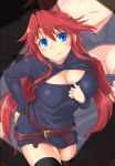  1girl aty_(summon_night) belt black_legwear blue_eyes blush breasts cleavage cleavage_cutout cleavage_reach cowboy_shot hand_on_ass kurogane_(artist) leaning_forward long_hair looking_at_viewer open-chest_sweater redhead revision ribbed_sweater solo summon_night summon_night_3 sweater sweater_dress thigh-highs very_long_hair wavy_mouth zoom_layer 