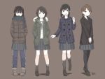  4girls artist_name bangs black_hair blunt_bangs brown_background brown_hair coat dated double-breasted fubuki_(kantai_collection) hands_in_pockets hatsuyuki_(kantai_collection) kantai_collection kawashina_(momen_silicon) loafers miniskirt miyuki_(kantai_collection) multiple_girls pants pants_under_skirt pantyhose pleated_skirt scarf school_uniform serafuku shirayuki_(kantai_collection) shoes short_hair sidelocks simple_background skirt smile 