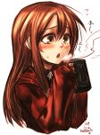  1girl 2014 blowing blush brown_eyes brown_hair bust chestnut_mouth cup dated highres kotoba_noriaki long_hair mug original signature sleeves_past_wrists solo 
