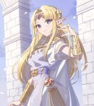  1girl bangs bitikara blonde_hair blue_eyes blush bracer circlet dress earrings jewelry long_hair looking_at_viewer necklace pointy_ears princess_zelda simple_background smile solo super_smash_bros. the_legend_of_zelda the_legend_of_zelda:_a_link_between_worlds tiara triforce 