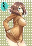  1girl blue_eyes blush breasts brown_hair cleavage cleavage_cutout cowboy_shot hair_ornament hand_on_hip highres kantai_collection koruta_(nekoimo) looking_at_viewer maya_(kantai_collection) open-chest_sweater open_mouth ribbed_sweater short_hair solo sweater sweater_tug turtleneck 