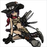  1girl april_(slap_happy_rhythm_busters) between_fingers bikini_top black_gloves boots breasts brown_hair cowboy_boots cowboy_hat facial_mark fringe gloves hat knife lowres midriff red_scarf scarf short_hair slap_happy_rhythm_busters solo spurs tomatojam violet_eyes 