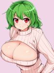  1girl alternate_costume blush breasts bust cleavage cleavage_cutout doya-gao green_hair huge_breasts kazami_yuuka open-chest_sweater pink_background red_eyes ribbed_sweater short_hair smile solo sweater touhou toumeikousokudouro turtleneck 
