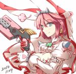  1girl belt blue_eyes blush breasts bridal_veil cleavage clover cravat dated dress earrings elphelt_valentine four-leaf_clover gloves guilty_gear guilty_gear_xrd gun hairband heart holding holding_gun holding_weapon jewelry long_sleeves pink_hair pink_ribbon puffy_long_sleeves puffy_sleeves ribbon short_hair shotgun simple_background smile solo spikes veil weapon white_background white_gloves whitesesame 