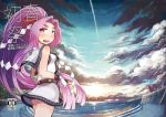  1girl amagaeru_(hylathewet) clouds cover cover_page doujin_cover eyebrows gloves hatsuharu_(kantai_collection) hikimayu kantai_collection long_hair looking_at_viewer looking_back ponytail purple_hair sailor_dress school_uniform shide short_eyebrows sky smile solo very_long_hair violet_eyes 
