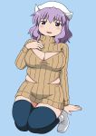  1girl black_legwear breasts cleavage cleavage_cutout hand_on_own_chest hat highres large_breasts letty_whiterock millipen_(medium) naked_sweater open-chest_sweater plump poinikusu purple_hair ribbed_sweater seiza sitting smile solo sweater thigh-highs touhou traditional_media turtleneck violet_eyes waist_cutout zettai_ryouiki 