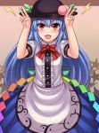  1girl blue_hair blush double_v food fruit hat highres hinanawi_tenshi long_hair nekozombie open_mouth peach red_eyes solo touhou v 