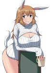  animal_ears blue_eyes breasts brown_hair charlotte_e_yeager cleavage cleavage_cutout cup grin large_breasts maru_(maruttona) mug no_pants open-chest_sweater panties rabbit_ears sleeves_past_wrists smile strike_witches sweater tail underwear 