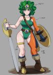  1girl asymmetrical_clothes bare_shoulders belt belt_buckle blue_eyes boots breasts circlet collarbone curly_hair detached_sleeve directional_arrow dragon_quest dragon_quest_iv earrings eroquis forehead_jewel full_body green_hair heroine_(dq4) jewelry leotard planted_sword planted_weapon scabbard sheath shield short_hair single_glove single_pantsleg single_sleeve slender_waist slime_(dragon_quest) smile socks solo sword toned translation_request weapon wide_hips 