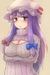  1girl bow breasts cleavage cleavage_cutout crescent crossed_arms hair_bow hat large_breasts long_hair masa_(neku) open-chest_sweater patchouli_knowledge payot purple_hair ribbed_sweater solo sweater touhou turtleneck violet_eyes 