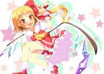  &gt;:d 1girl :d ascot blonde_hair bow dress flandre_scarlet hair_bow no_hat open_mouth puffy_short_sleeves puffy_sleeves red_dress red_eyes shirt short_sleeves side_ponytail smile solo star touhou wings wrist_cuffs yuimari 