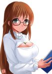  1girl black-framed_glasses blush book brown_hair bust cleavage_cutout glasses highres long_hair looking_at_viewer miracle_hoshi necktie open-chest_sweater original simple_background solo sweater turtleneck white_background 