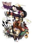  2girls belt black_hair camera castle clouds doll flag horns japanese_clothes kannazuki_hato kijin_seija kimono lantern leaf leaf_on_head multicolored_hair multiple_girls needle pleated_skirt purple_hair raccoon_tail red_eyes seiza short_hair short_sleeves sitting skirt smirk streaked_hair sukuna_shinmyoumaru surreal tail tanuki touhou white_hair 