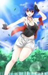  1girl :d black_gloves blue_hair breasts cleavage fingerless_gloves gloves grass highres jewelry looking_at_viewer necklace open_mouth original red_eyes short_hair shorts smile solo standing_on_one_leg the-sinner 