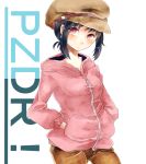  1girl black_hair blush cabbie_hat hands_in_pockets hat hoodie okita_riona pemeron_kakka puzzle_&amp;_dragons red_eyes short_hair small_breasts solo 