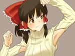  1girl alternate_costume arm_up armpit_cutout armpits bangs black_hair blush bow bust clenched_hands colored_eyelashes commentary cutout frills frown grey_background hair_bow hair_tubes hakurei_reimu long_sleeves looking_to_the_side orange_eyes parody payot ponytail ribbed_sweater shiratama_(hockey) short_hair short_ponytail simple_background solo sweater touhou turtleneck 