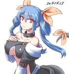  1girl bare_shoulders belt blue_hair breasts choker collarbone dated detached_sleeves dizzy guilty_gear hair_ribbon hair_rings hand_on_own_chest long_hair long_sleeves red_eyes ribbon simple_background solo tail tail_ribbon twintails under_boob white_background whitesesame 