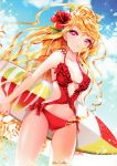  1girl absurdres bikini blonde_hair breasts center_opening cinia_pacifica cocoon_(loveririn) flower hair_flower hair_ornament hibiscus highres long_hair red_bikini red_eyes sparkle strap_gap surfboard swimsuit sword_girls 