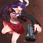  1girl animal_ears breasts extra_ears gun handgun jacket lavender_hair long_hair looking_away m1911 pistol rabbit_ears red_eyes reisen_udongein_inaba shirt skirt smile solo syn tagme touhou weapon 