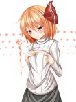  1girl adapted_costume blonde_hair blush cleavage_cutout flat_chest hair_ribbon long_sleeves open-chest_sweater red_eyes ribbed_sweater ribbon roro_(sghona10) rumia skirt solo sweater touhou turtleneck 