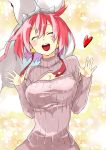  1girl ^_^ breasts cleavage_cutout closed_eyes elphelt_valentine guilty_gear guilty_gear_xrd hat heart mashiro_kanna open-chest_sweater open_mouth pink_hair ribbed_sweater short_hair solo sweater turtleneck 