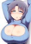  1girl black_hair blue_eyes breasts cleavage cleavage_cutout huge_breasts long_hair looking_down open-chest_sweater parted_lips ponpo ribbed_sweater senran_kagura senran_kagura_(series) solo sweater turtleneck yumi_(senran_kagura) 