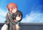  2girls black_hair closed_eyes clouds cloudy_sky dacchi green_eyes hair_ribbon highres hug hug_from_behind long_hair long_sleeves multiple_girls open_mouth redhead ribbon school_uniform short_hair sky teeth tougou_mimori wheelchair yuuki_yuuna yuuki_yuuna_wa_yuusha_de_aru 