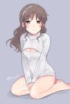  1girl ashigara_(kantai_collection) blush bottomless brown_eyes brown_hair cleavage_cutout fujino_(unajisaiko) grey_background hairband hands_together kantai_collection long_hair looking_at_viewer open-chest_sweater personification simple_background sitting solo sweater turtleneck twitter_username wariza 