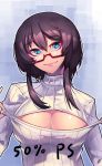  1girl blue_eyes breasts brown_hair cleavage cleavage_cutout cropped glasses jjune large_breasts lips open-chest_sweater original payot red-framed_glasses ribbed_sweater semi-rimless_glasses short_hair_with_long_locks smile solo sweater turtleneck under-rim_glasses 