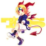  blonde_hair demon_tail fang goggles highres horns original red_eyes renta solo tail trickster wings 