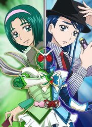  2girls akimoto_komachi antennae belt blue_hair butterfly_brooch cure_aqua cure_mint dress eyelashes fedora formal fusion gaia_memory green_hair hat hidari_shoutarou hidari_shoutarou_(cosplay) kamen_rider kamen_rider_double kamen_rider_w long_hair minazuki_karen multiple_girls necktie parody philip_(kamen_rider) philip_(kamen_rider)_(cosplay) precure scarf shirt short_hair suit tawashi_(tawashisan) yes!_precure_5 yes!_precure_5_gogo! 