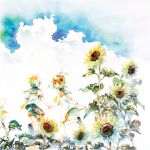  blue_eyes flower hair_flower hair_ornament hand_holding highres holding_hands kagamine_len kagamine_rin short_hair shorts siblings smile sunflower traditional_media twins vocaloid watercolor watercolor_(medium) yukinell 
